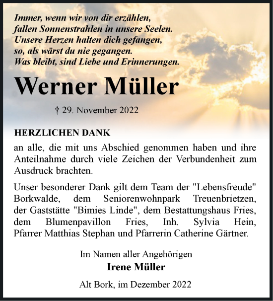 Traueranzeige von Werner Müller von Märkische Oderzeitung