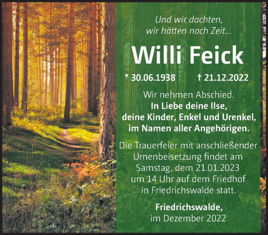 Traueranzeige von Willi Feick von Märkische Oderzeitung