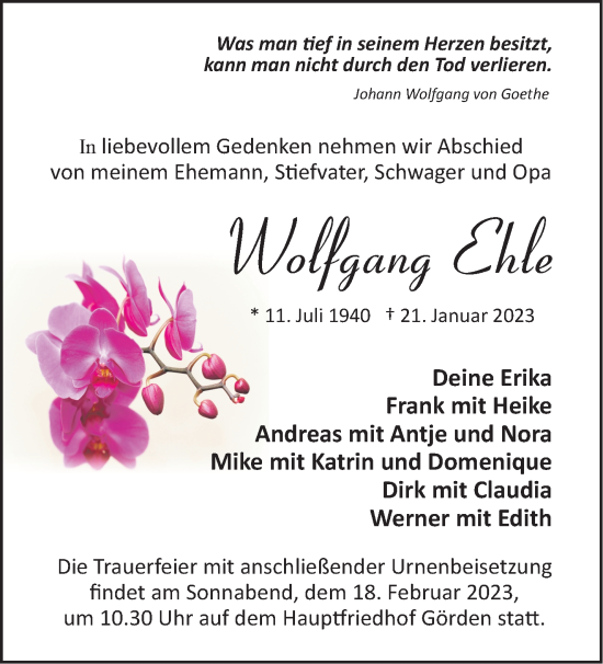 Traueranzeige von Wolfgang Ehle von Märkische Oderzeitung