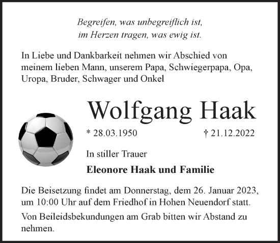 Traueranzeige von Wolfgang Haak von Märkische Oderzeitung