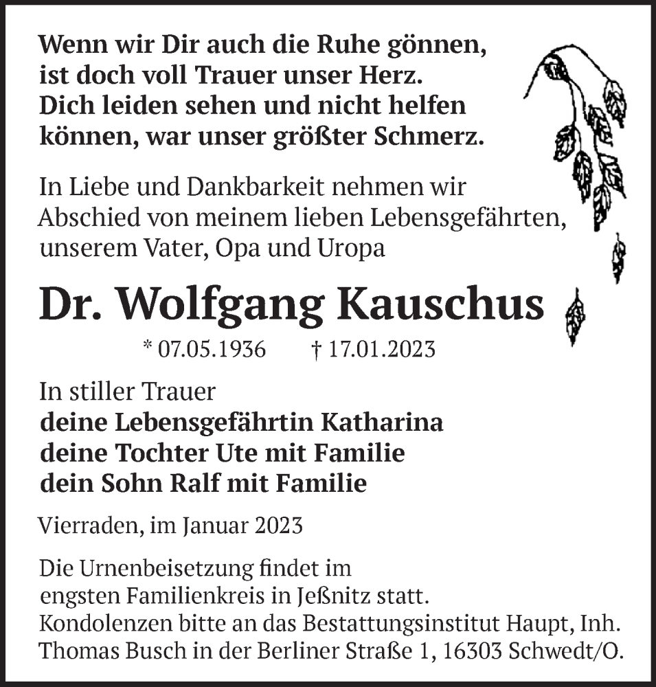  Traueranzeige für Wolfgang Kauschus vom 21.01.2023 aus Märkische Oderzeitung