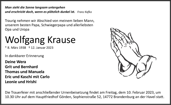 Traueranzeige von Wolfgang Krause von Märkische Oderzeitung