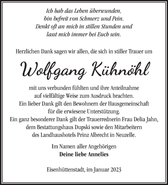 Traueranzeige von Wolfgang Kühnöhl von Märkische Oderzeitung