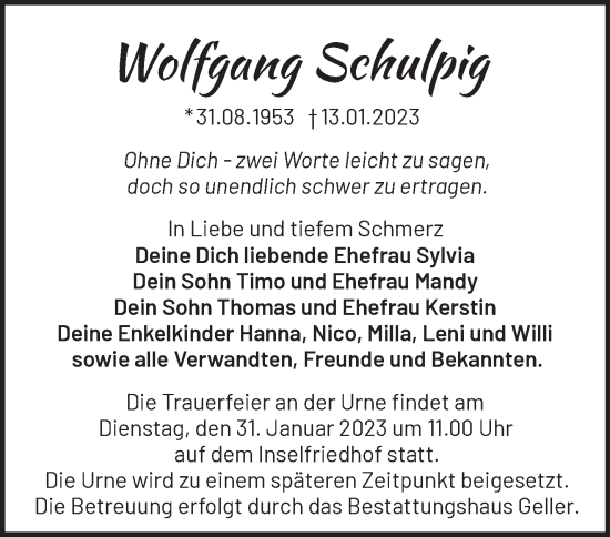 Traueranzeige von Wolfgang Schulpig von Märkische Oderzeitung