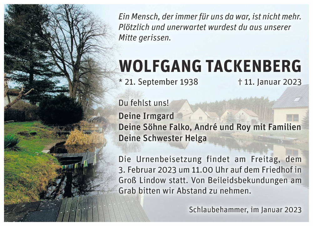  Traueranzeige für Wolfgang Tackenberg vom 22.01.2023 aus Märkische Oderzeitung