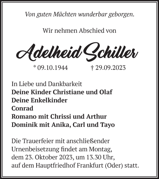 Traueranzeige von Adelheid Schiller von Märkische Oderzeitung