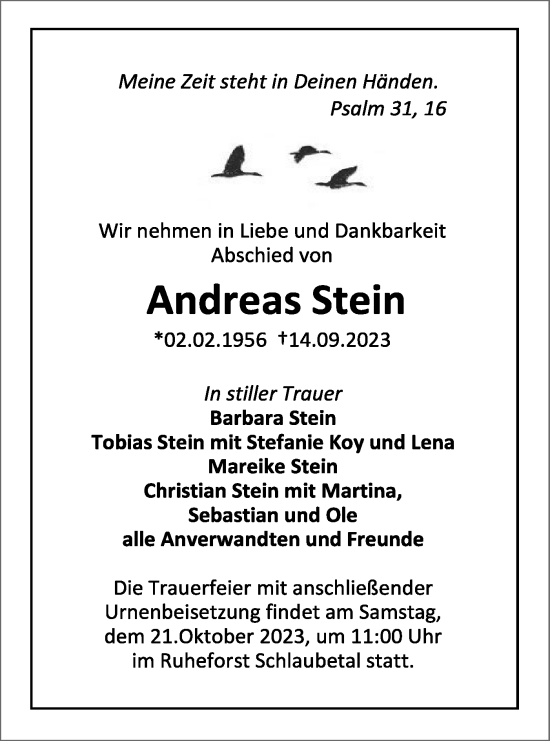 Traueranzeige von Andreas Stein von Märkische Oderzeitung