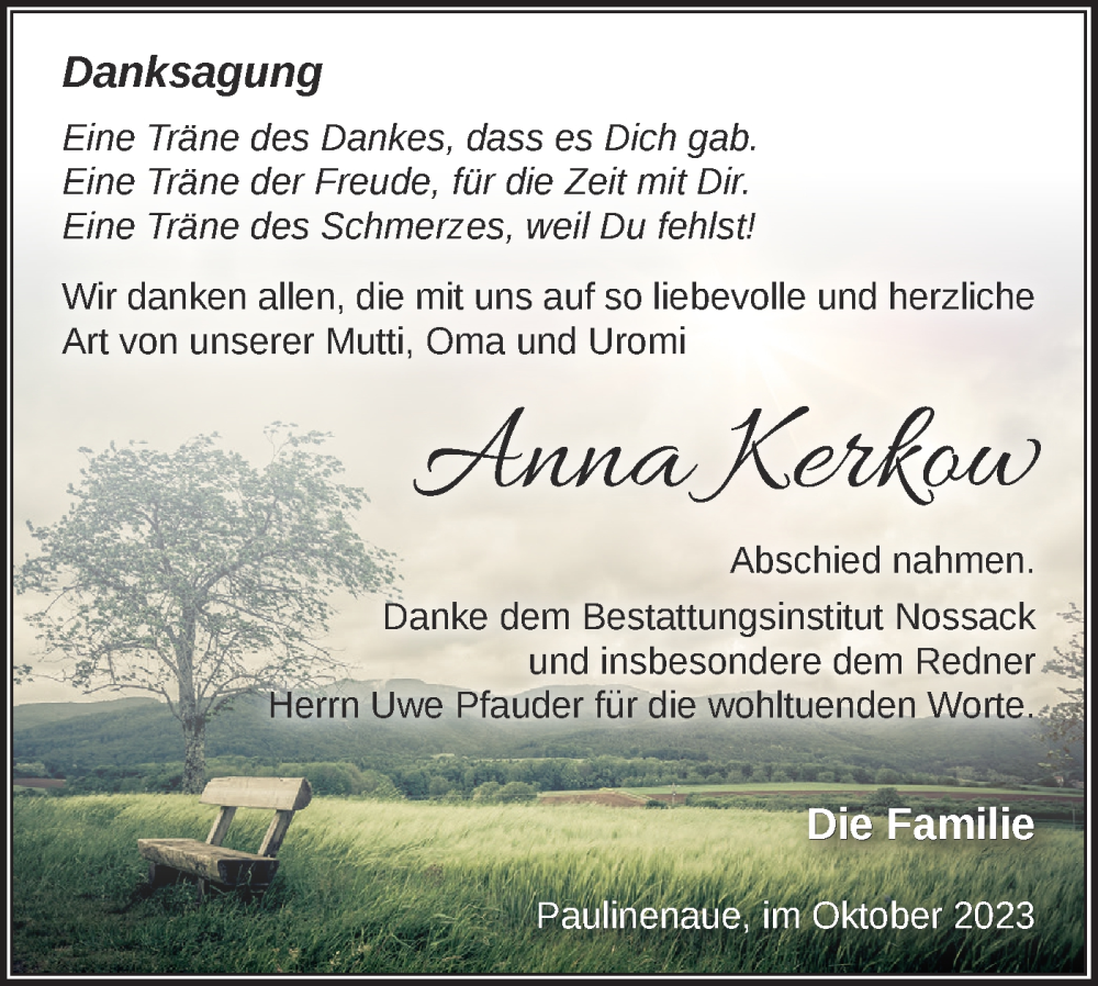  Traueranzeige für Anna Kerkow vom 28.10.2023 aus Märkische Oderzeitung