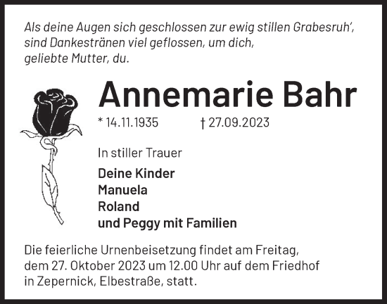 Traueranzeige von Annemarie Bahr von Märkische Oderzeitung