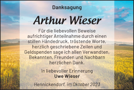 Traueranzeige von Arthur Wieser von Märkische Oderzeitung