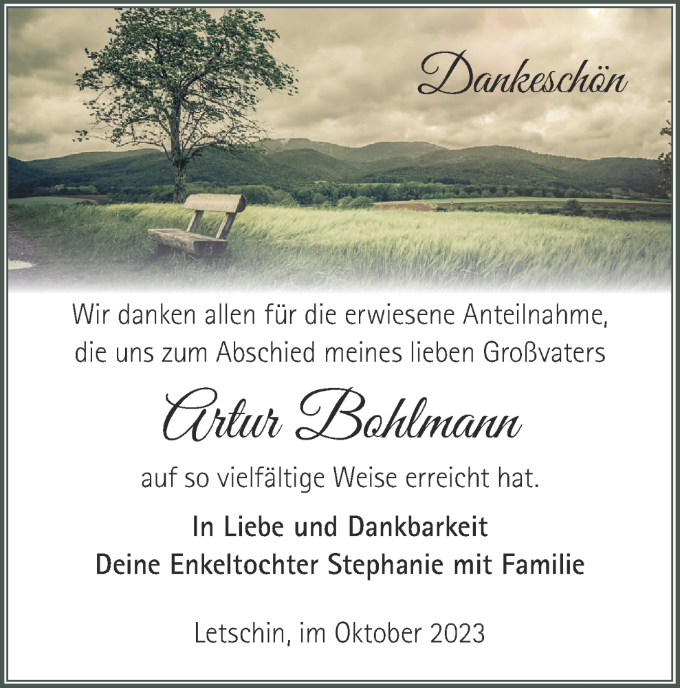  Traueranzeige für Artur Bohlmann vom 21.10.2023 aus Märkische Oderzeitung