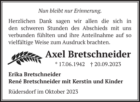 Traueranzeige von Axel Bretschneider von Märkische Oderzeitung