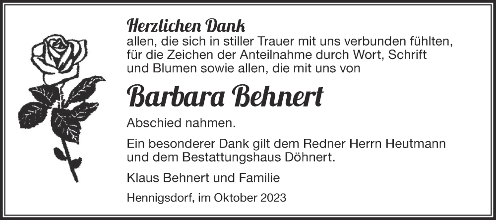  Traueranzeige für Barbara Behnert vom 21.10.2023 aus Märkische Oderzeitung