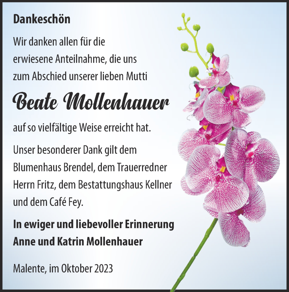  Traueranzeige für Beate Mollenhauer vom 28.10.2023 aus Märkische Oderzeitung