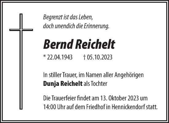 Traueranzeige von Bernd Reichelt von Märkische Oderzeitung