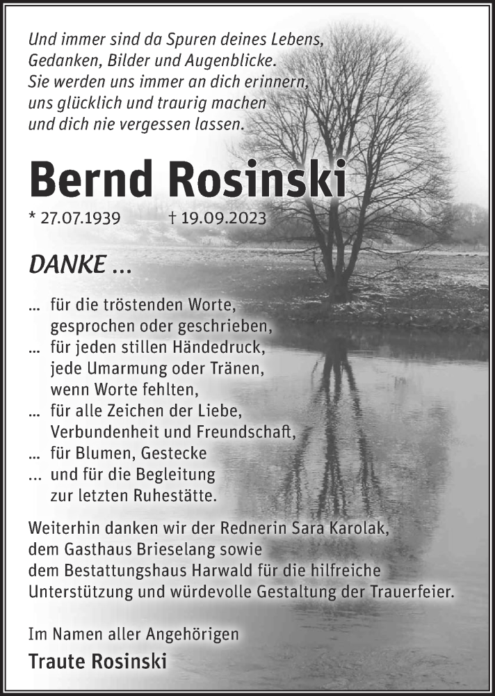  Traueranzeige für Bernd Rosinski vom 21.10.2023 aus Märkische Oderzeitung
