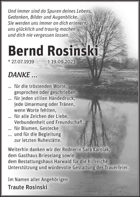 Traueranzeige von Bernd Rosinski von Märkische Oderzeitung