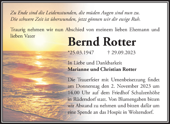 Traueranzeige von Bernd Rotter von Märkische Oderzeitung