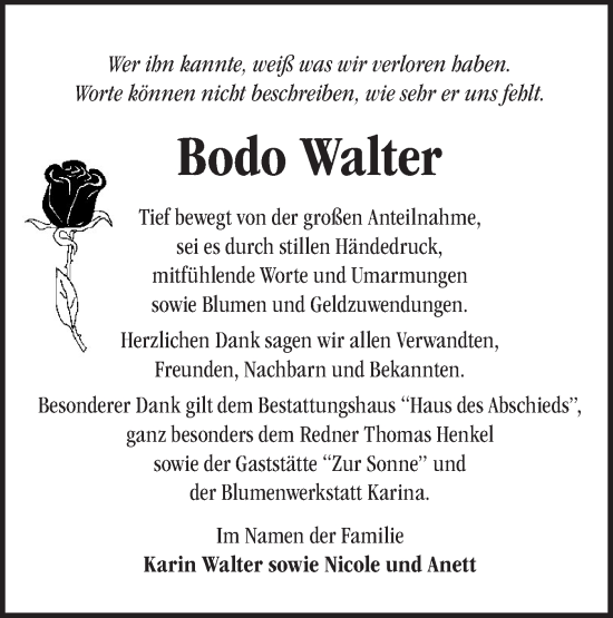 Traueranzeige von Bodo Walter von Märkische Oderzeitung