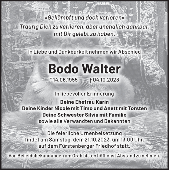 Traueranzeige von Bodo Walter von Märkische Oderzeitung