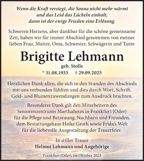 Traueranzeige von Brigitte Lehmann von Märkische Oderzeitung