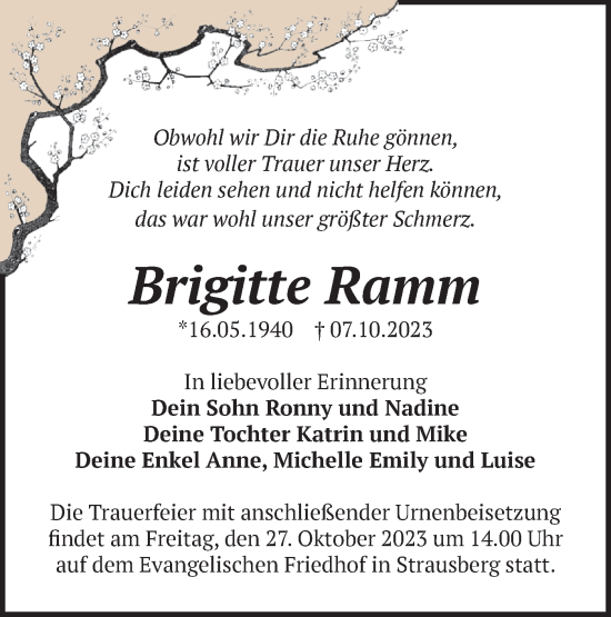 Traueranzeige von Brigitte Ramm von Märkische Oderzeitung