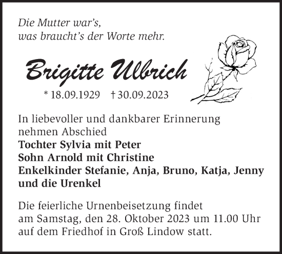 Traueranzeige von Brigitte Ulbrich von Märkische Oderzeitung