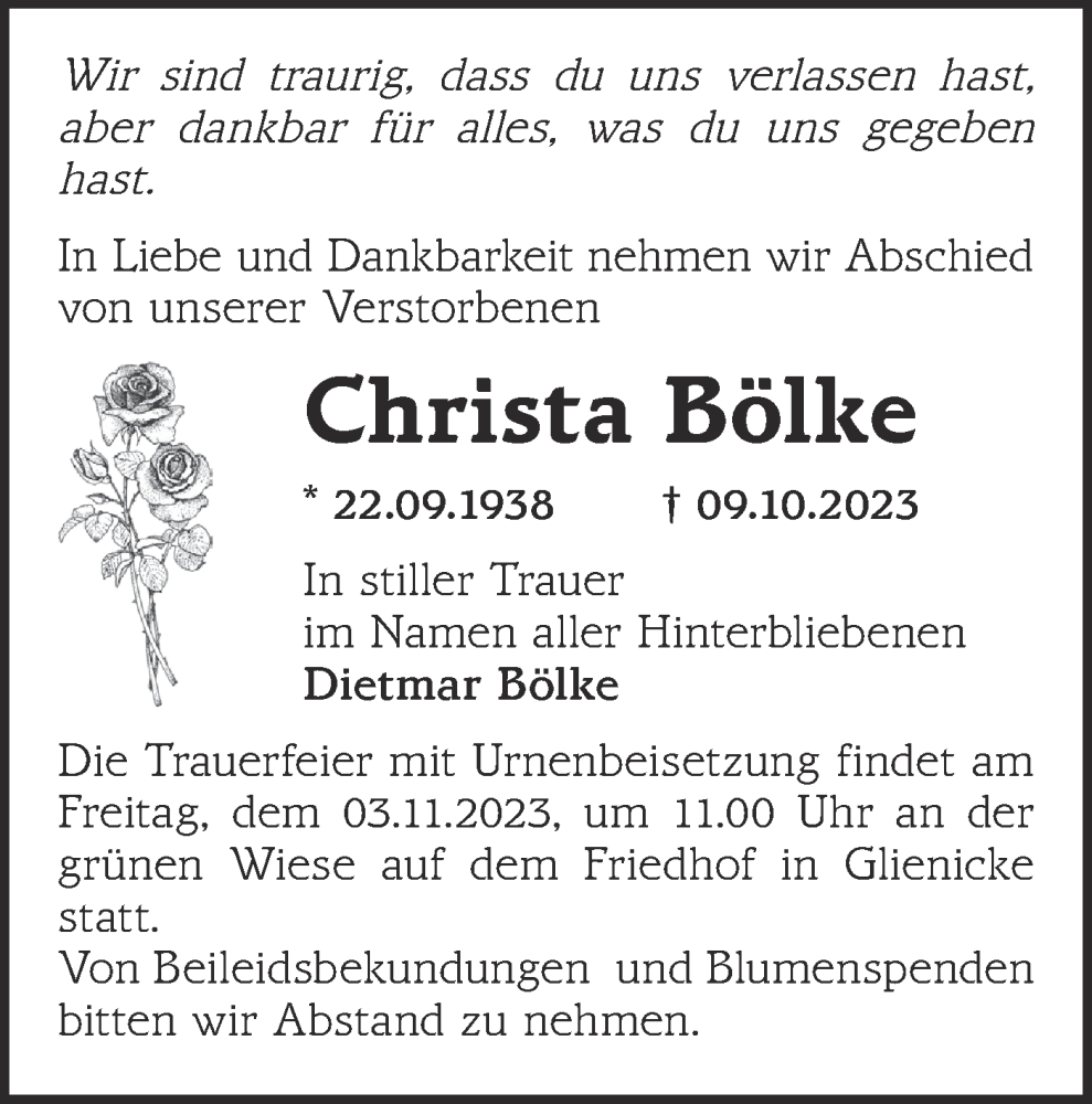 Traueranzeigen Von Christa Bölke Märkische Onlinezeitung Trauerportal 