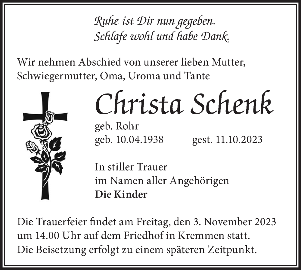 Traueranzeigen Von Christa Schenk Märkische Onlinezeitung Trauerportal 