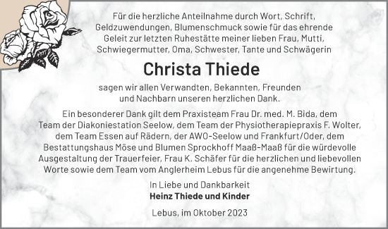 Traueranzeige von Christa Thiede von Märkische Oderzeitung