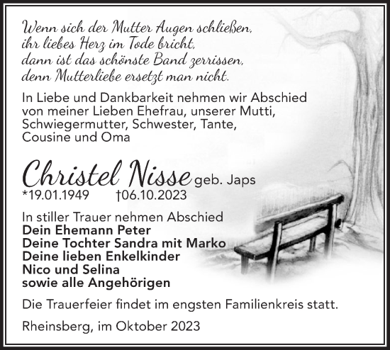 Traueranzeige von Christel Nisse von Märkische Oderzeitung