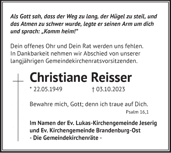 Traueranzeige von Christiane Reisser von Märkische Oderzeitung