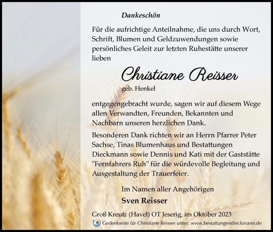 Traueranzeige von Christiane Reisser von Märkische Oderzeitung