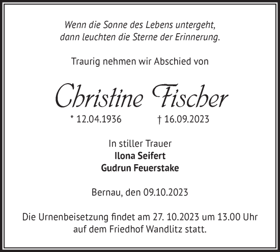 Traueranzeige von Christine Fischer von Märkische Oderzeitung