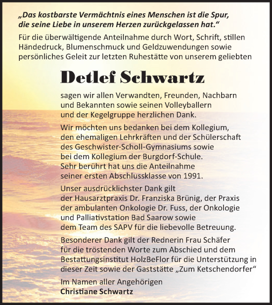 Traueranzeige von Detlef Schwartz von Märkische Oderzeitung