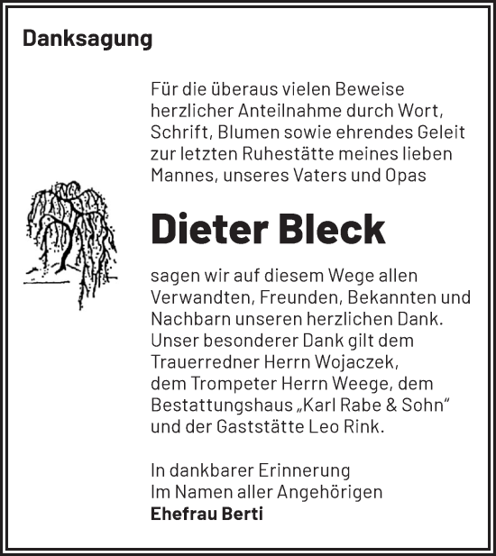 Traueranzeige von Dieter Bleck von Märkische Oderzeitung