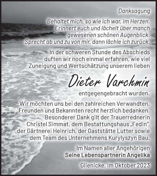 Traueranzeige von Dieter Varchmin von Märkische Oderzeitung