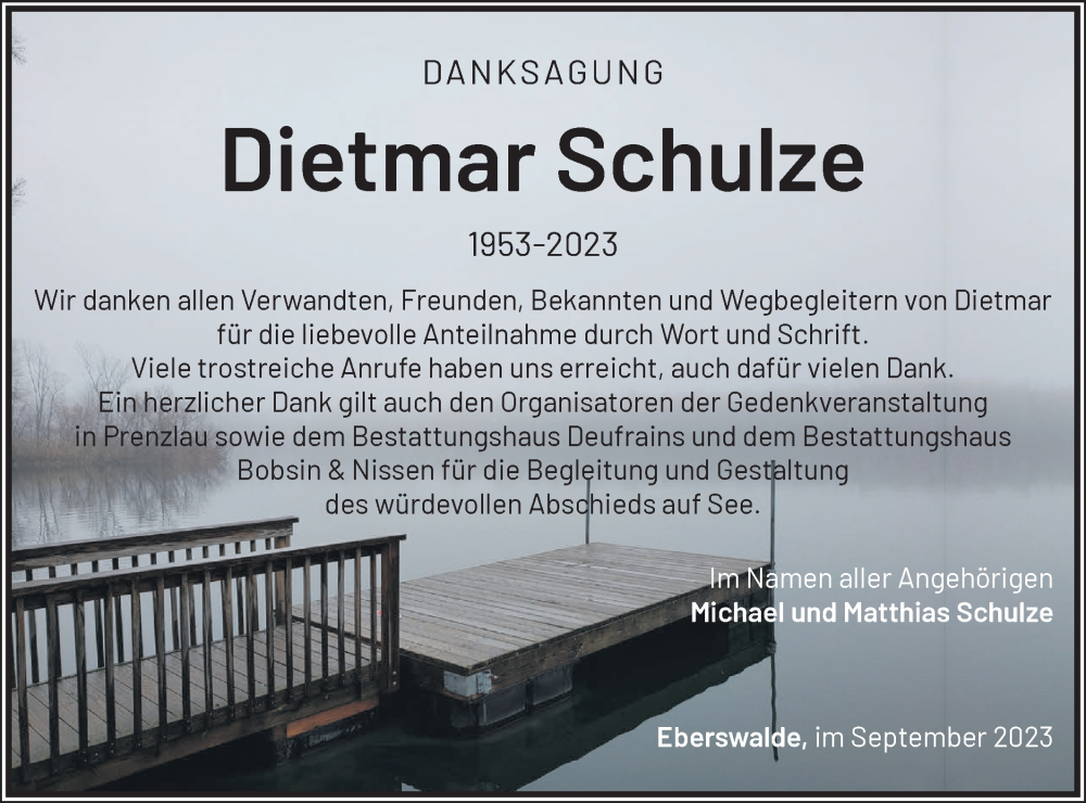  Traueranzeige für Dietmar Schulze vom 07.10.2023 aus Märkische Oderzeitung