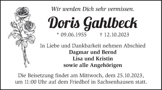 Traueranzeige von Doris Gahlbeck von Märkische Oderzeitung