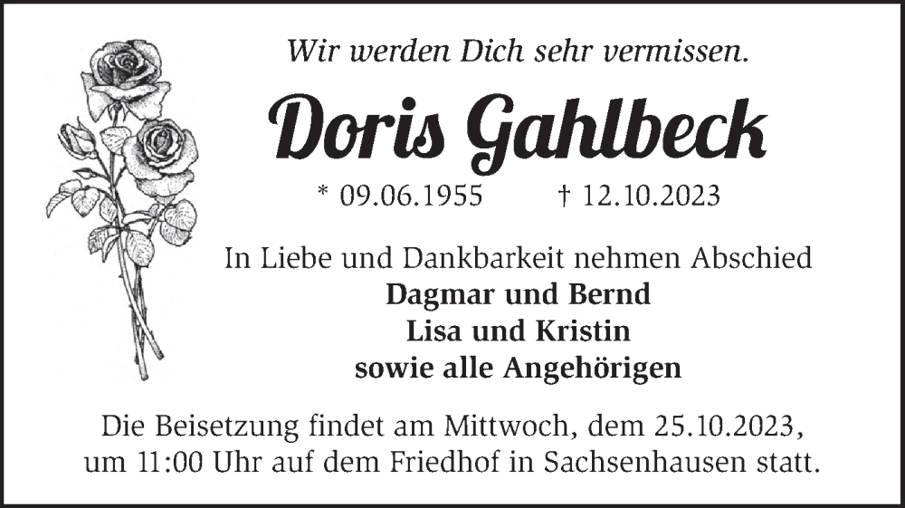  Traueranzeige für Doris Gahlbeck vom 18.10.2023 aus Märkische Oderzeitung