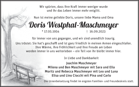 Traueranzeige von Doris Westphal-Maschmeyer von Märkische Oderzeitung