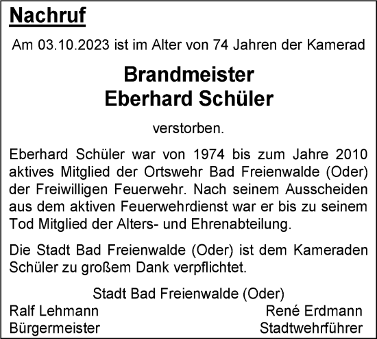 Traueranzeige von Eberhard Schüler von Märkische Oderzeitung