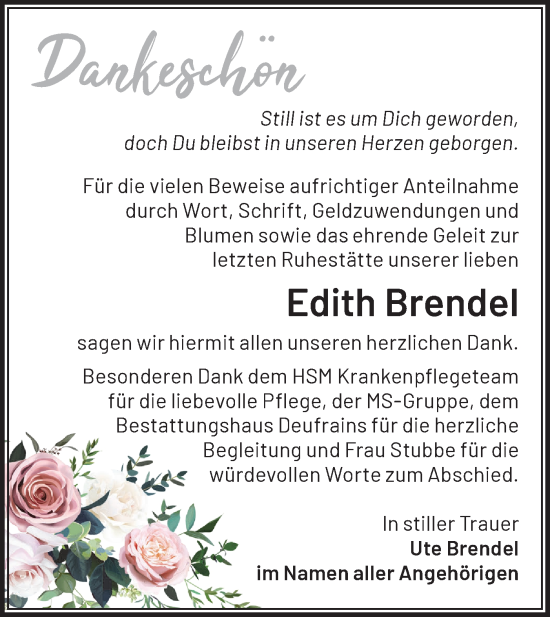 Traueranzeige von Edith Brendel von Märkische Oderzeitung