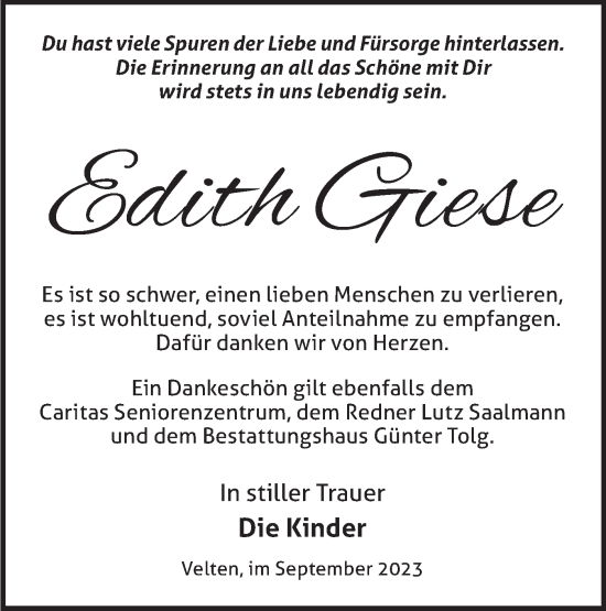 Traueranzeige von Edith Giese von Märkische Oderzeitung