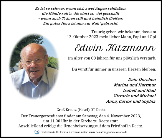 Traueranzeige von Edwin Kitzmann von Märkische Oderzeitung