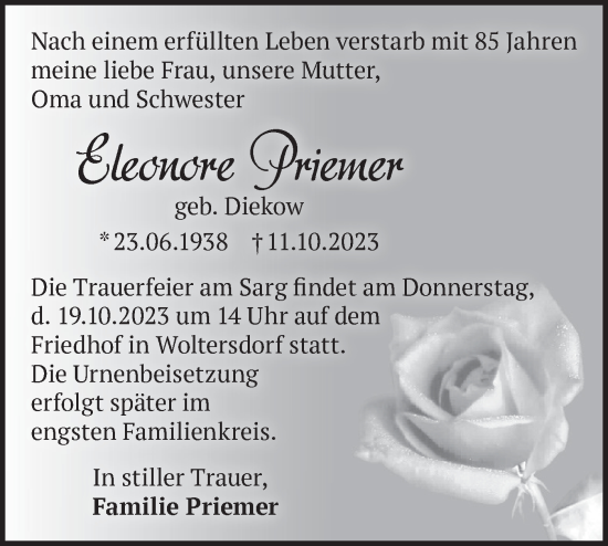 Traueranzeige von Eleonore Priemer von Märkische Oderzeitung