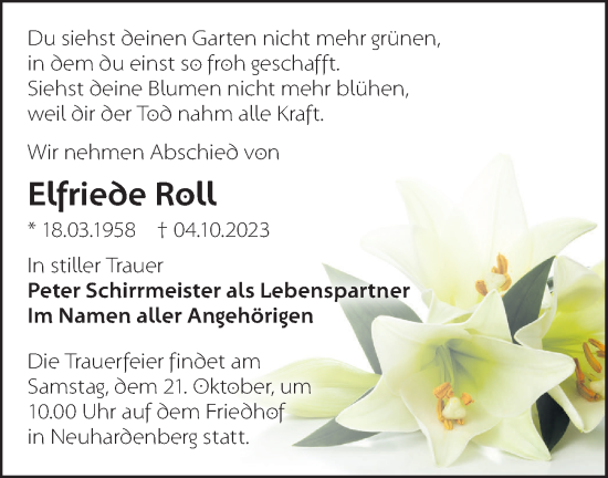 Traueranzeige von Elfriede Roll von Märkische Oderzeitung