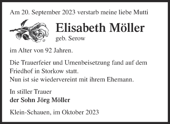 Traueranzeige von Elisabeth Möller von Märkische Oderzeitung