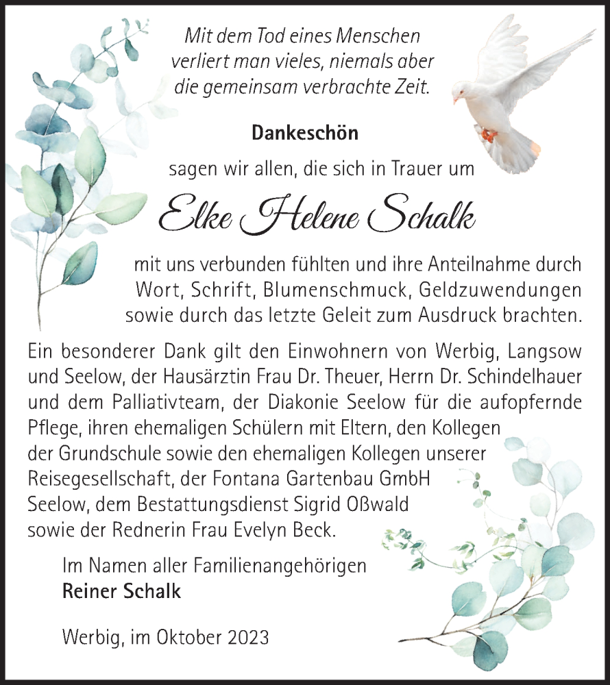  Traueranzeige für Elke Helene Schalk vom 14.10.2023 aus Märkische Oderzeitung