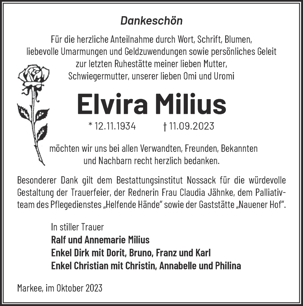  Traueranzeige für Elvira Milius vom 28.10.2023 aus Märkische Oderzeitung